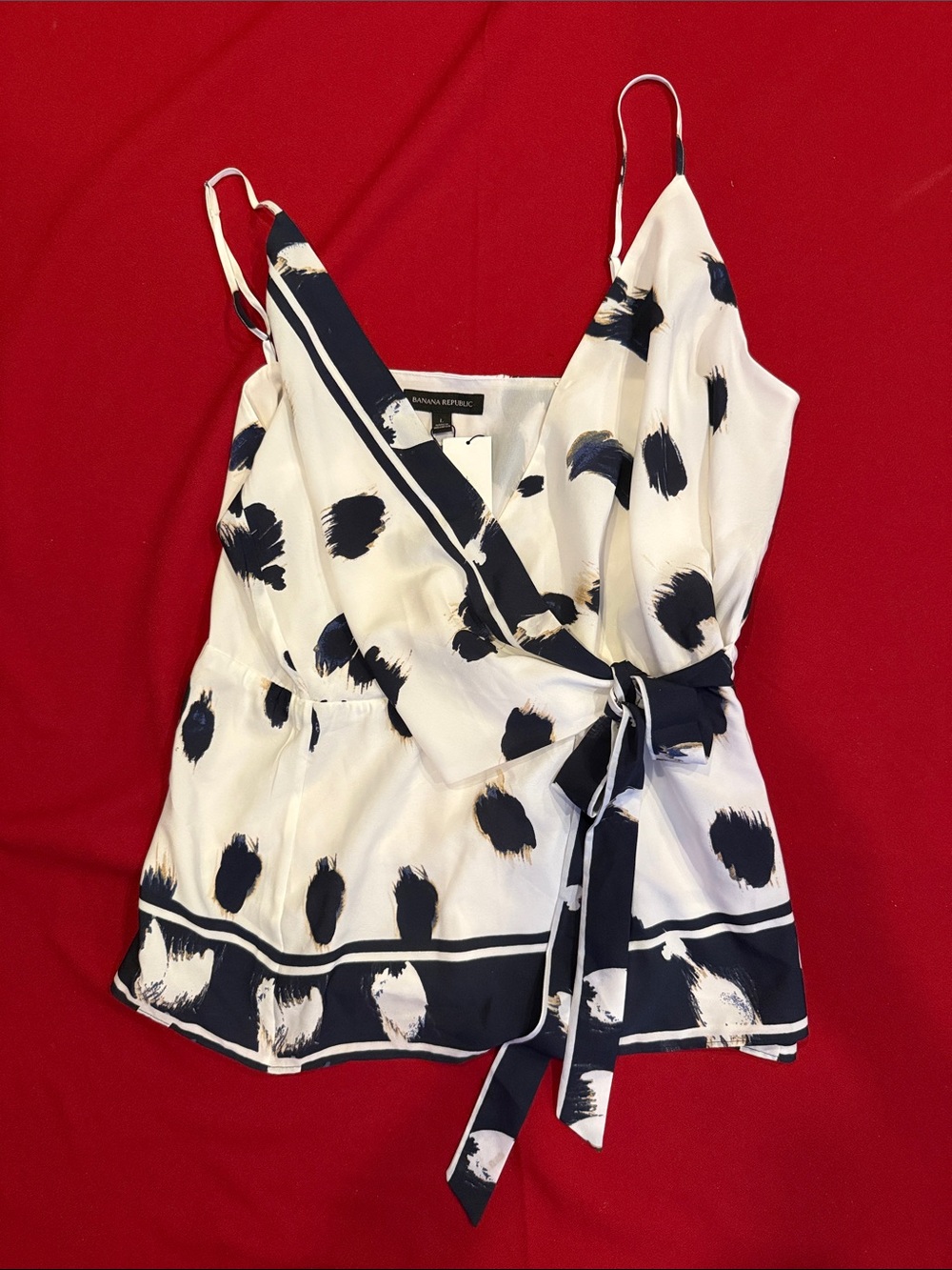 Banana Republic White & Black Brushstroke Wrap top with tie spaghetti straps NWT